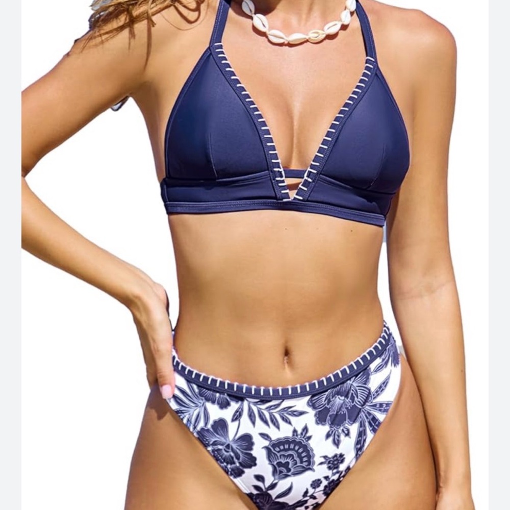 NWT Cupshe Women Bikini Set High Waisted V Neck Triangle Halter Cheeky High Cut